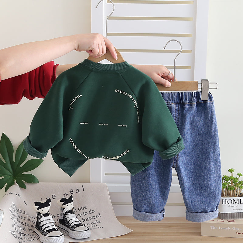 Boys Green Sweatshirt and Denim Jeans Set – Casual Cotton Outfit (1–6 Years)