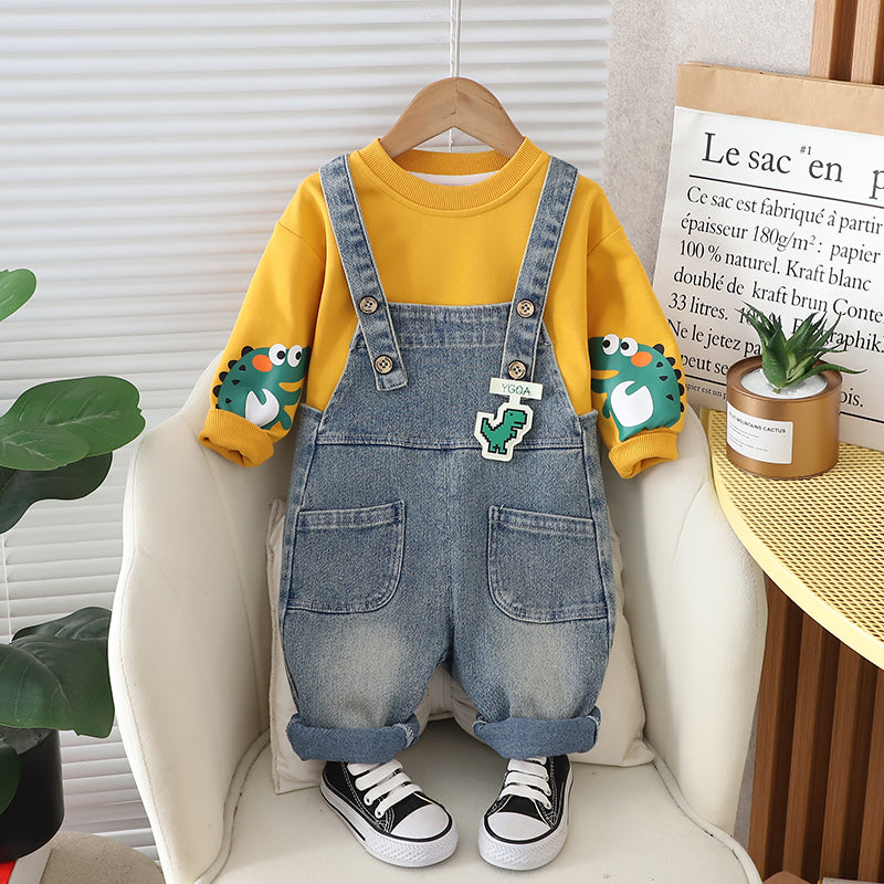Kominz Junior – Boys Yellow Dinosaur Sweatshirt with Denim Dungaree Set (1–6 Years)