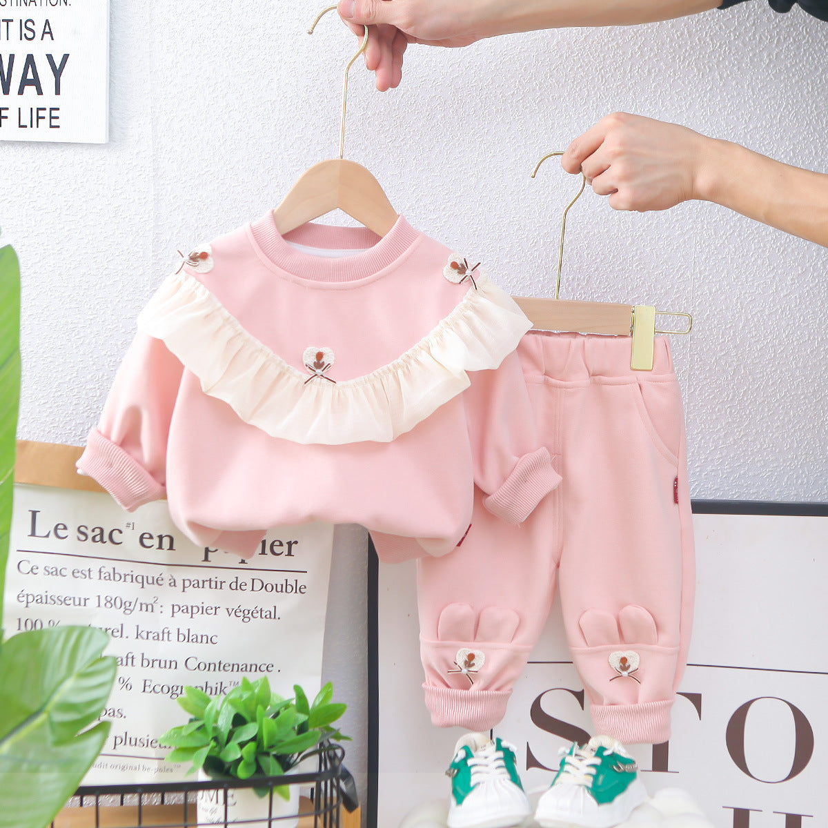 Girls Pink Frill Sweatshirt & Pant Set – Soft Cotton Outfit (1–6 Years) | Kominz Junior