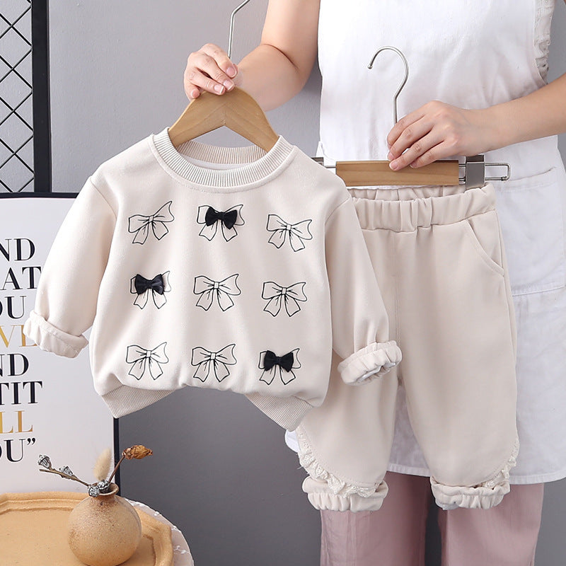 Girls Cream Bow Sweatshirt & Pant Set – Soft Cotton Outfit (1–6 Years) | Kominz Junior