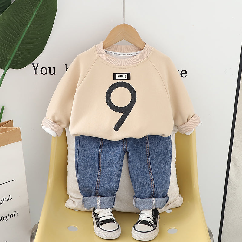 Boys Beige Sweatshirt and Denim Jeans Set – Stylish Cotton Outfit (1–6 Years)
