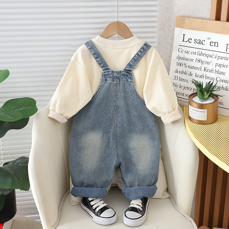 ominz Junior – Boys Cream Dinosaur Sweatshirt with Denim Dungaree Set (1–6 Years)