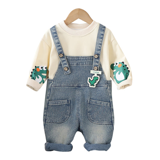 ominz Junior – Boys Cream Dinosaur Sweatshirt with Denim Dungaree Set (1–6 Years)