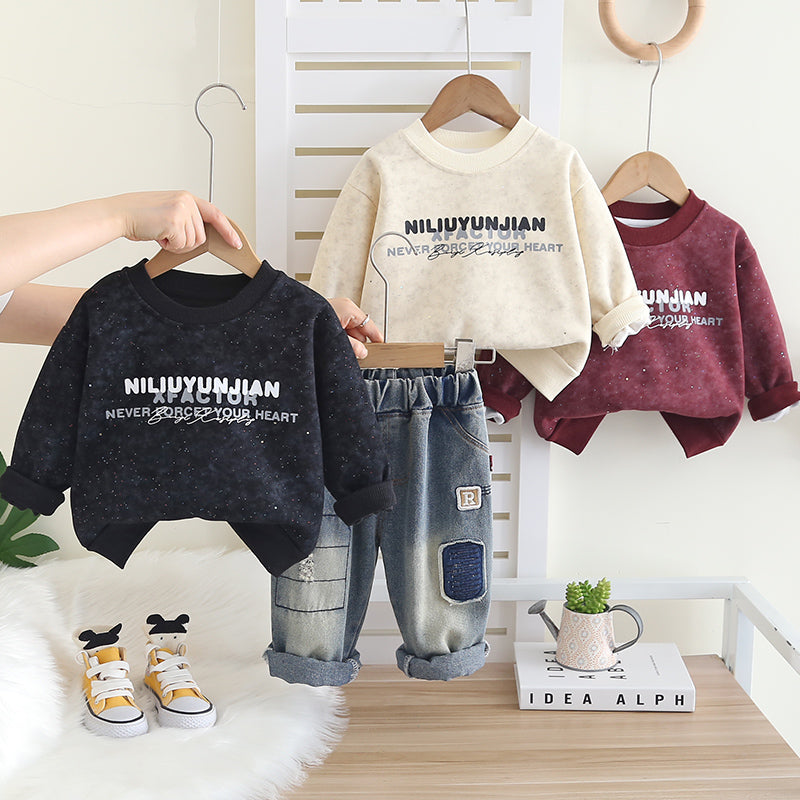 Kominz Junior Boys Cream Sweatshirt & Denim Pant Set – Casual Outfit for 1–6 Years