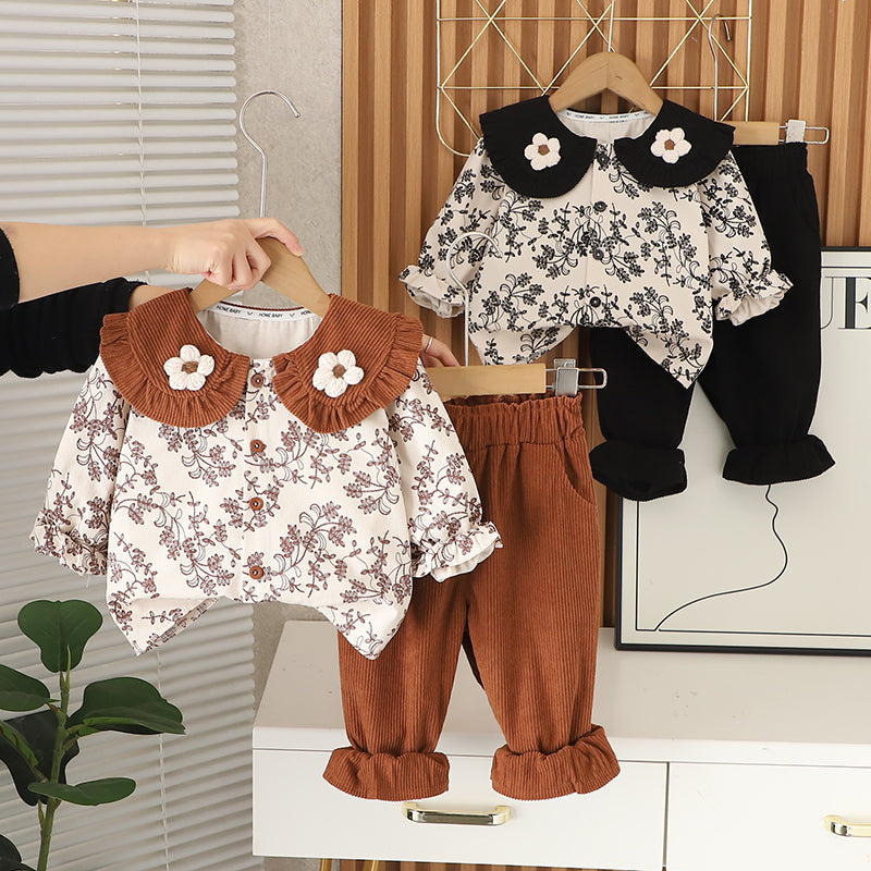 Girls Black Floral Printed Shirt & Corduroy Pant Set – Kominz Junior