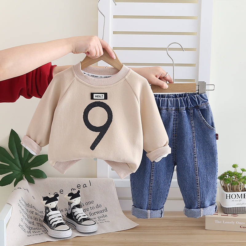 Boys Beige Sweatshirt and Denim Jeans Set – Stylish Cotton Outfit (1–6 Years)
