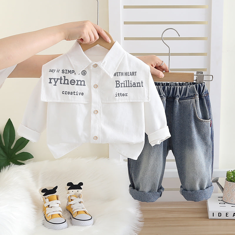 Boys White Printed Shirt & Denim Jeans Set – Kominz Junior 1-6