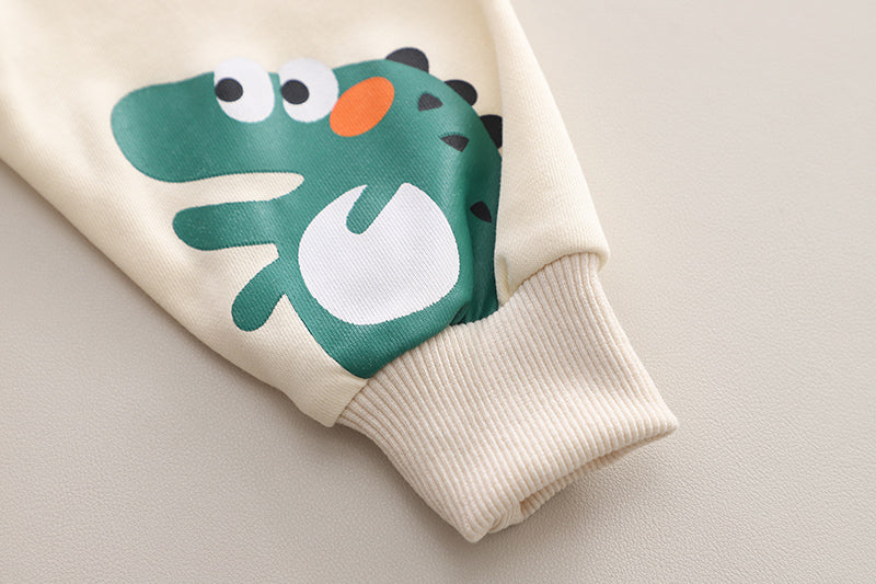 ominz Junior – Boys Cream Dinosaur Sweatshirt with Denim Dungaree Set (1–6 Years)