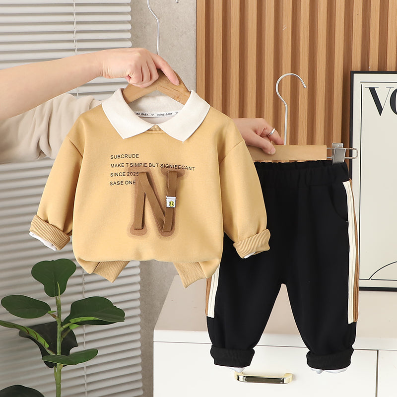 Boys Sweatshirt and Jogger Pants Set – Beige and Black Cotton Outfit (1–6 Years)