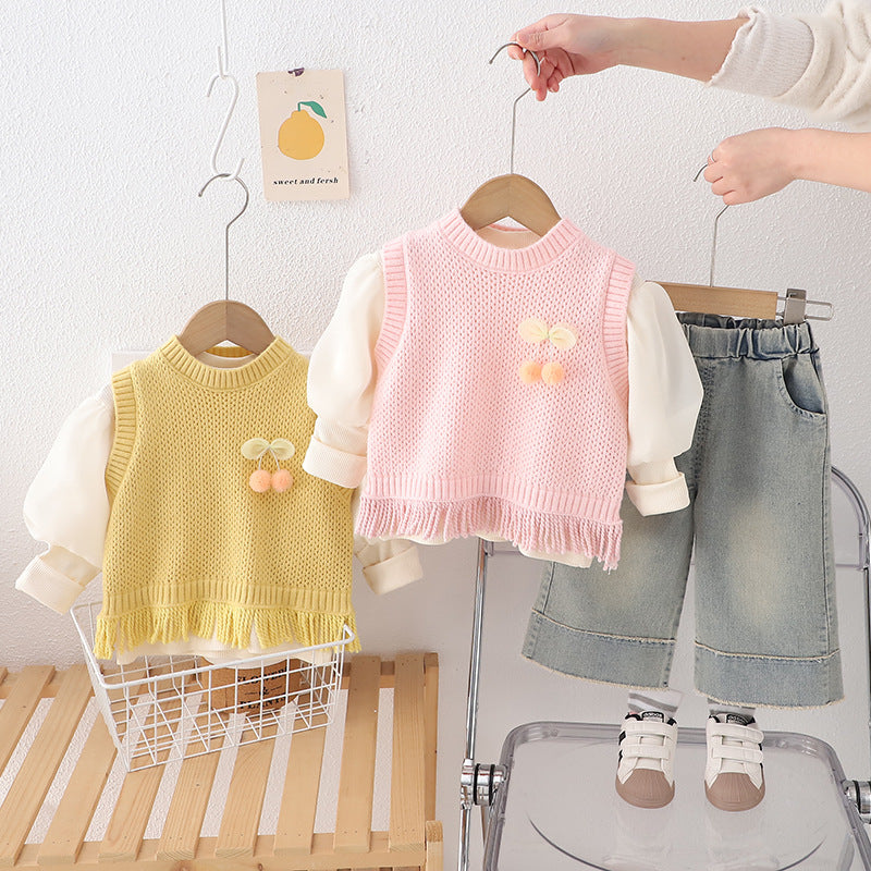 Girls Yellow Knitted Vest & Denim Pant Set – Kominz Junior 1-6