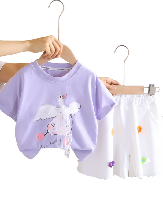 Girls Cotton T-Shirt and Shorts Set – Lilac and White (1-6 Years)