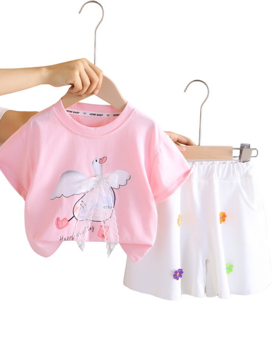 Kominz Toddler Girl Cartoon T-Shirt & Shorts Set (1–4 Years)