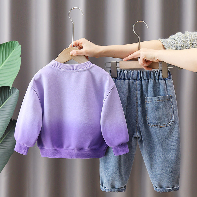 Boys Purple Cartoon Sweatshirt and Denim Jeans Set – Fun Cotton Outfit (1–6 Years)
