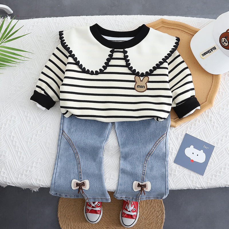 Kominz Junior – Girls Striped Sweater with Bow Denim Pants Set (1–6 Years)