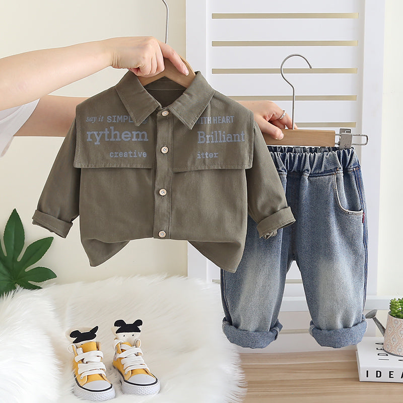 Boys Casual Shirt and Denim Jeans Set – Olive Green and Blue Cotton Outfit (1–6 Years)
