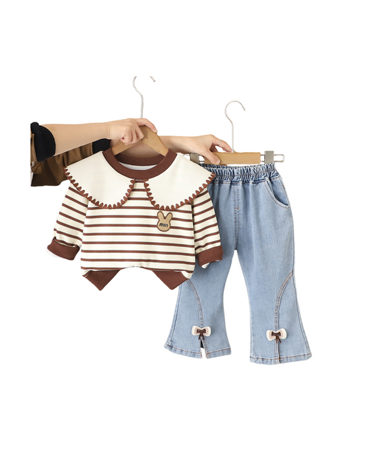 Kominz Junior – Girls Brown Striped Sweater with Bow Denim Pants Set (1–6 Years)