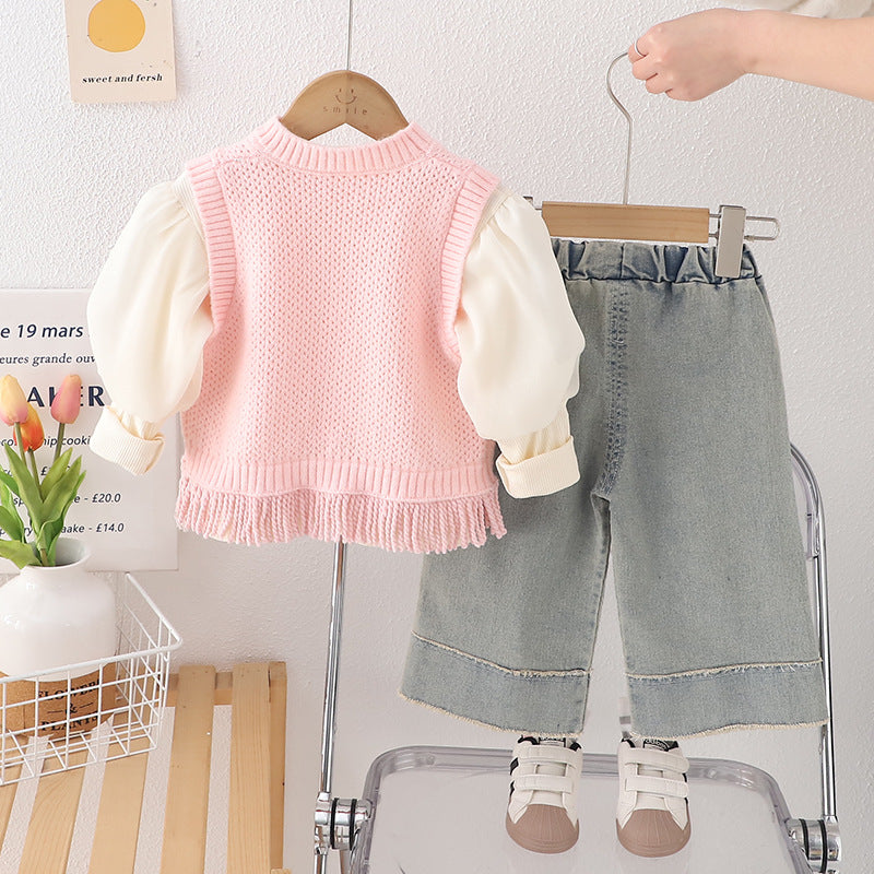 Girls Pink Knitted Vest & Denim Pant Set – Kominz Junior 1-6