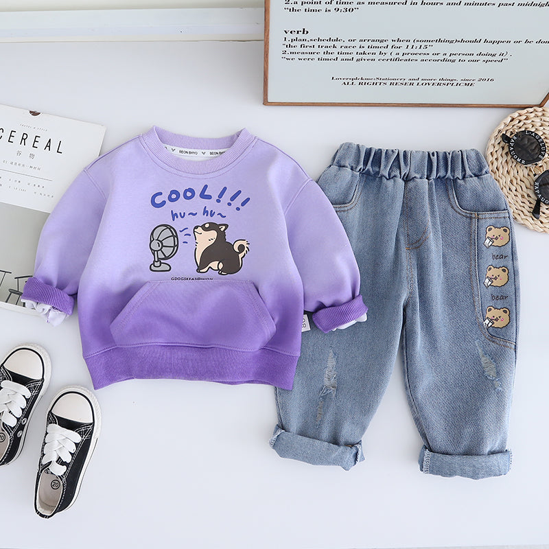 Boys Purple Cartoon Sweatshirt and Denim Jeans Set – Fun Cotton Outfit (1–6 Years)