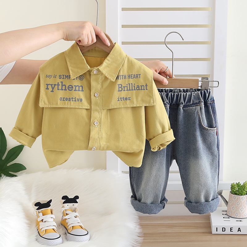 Boys Casual Shirt and Denim Jeans Set – Mustard Yellow and Blue Cotton Outfit (1–6 Years)