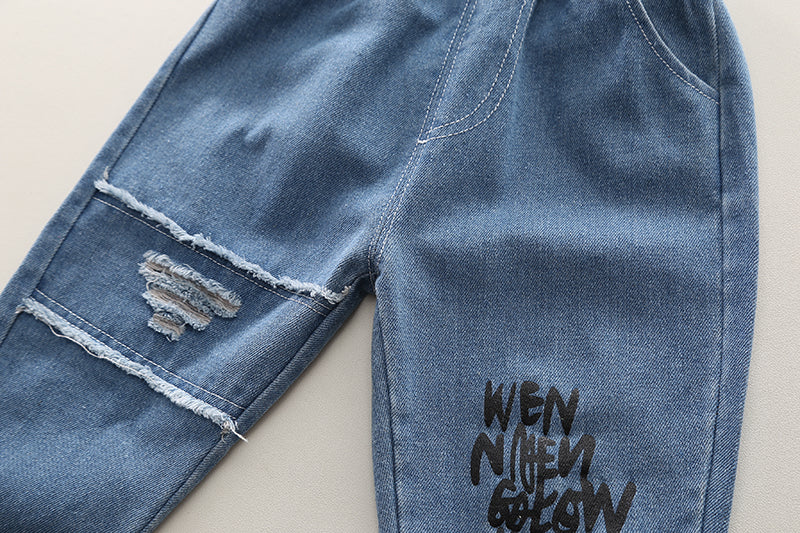 Kominz Junior – Boys Green & White Striped Polo Shirt with Denim Jeans Set (1–6 Years)