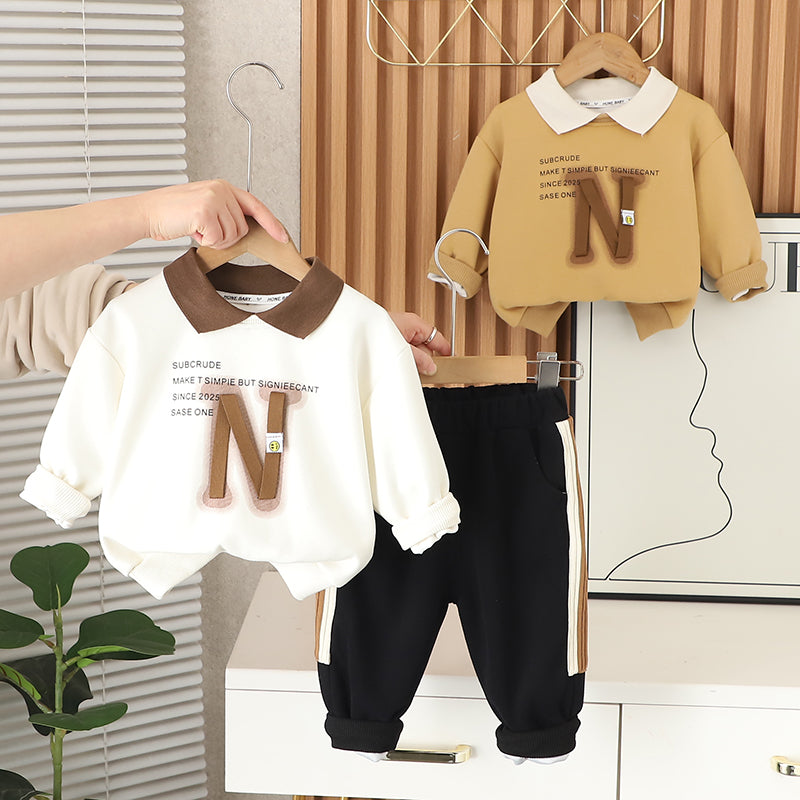 Boys Sweatshirt and Jogger Pants Set – Cream and Brown Cotton Outfit (1–6 Years)