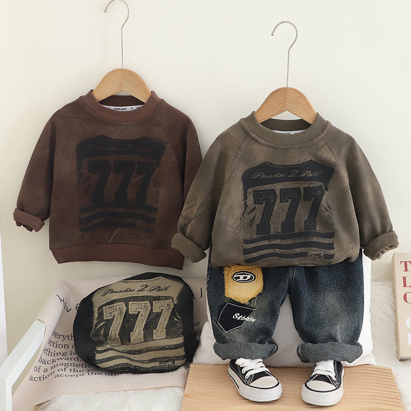 Boys 777 Printed Sweatshirt & Denim Jeans Set – Brown and Blue Cotton Outfit (1–6 Years) | Kominz Junior