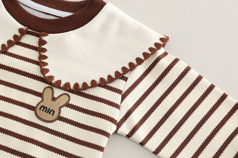 Kominz Junior – Girls Brown Striped Sweater with Bow Denim Pants Set (1–6 Years)