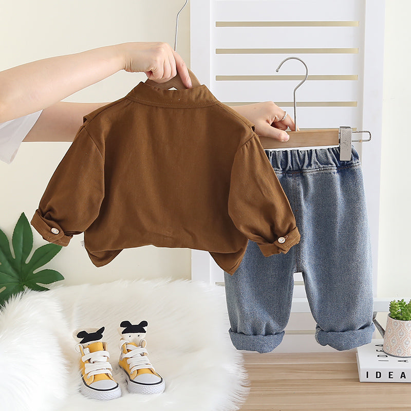 Boys Casual Shirt and Denim Jeans Set – Brown and Blue Cotton Outfit (1–6 Years)