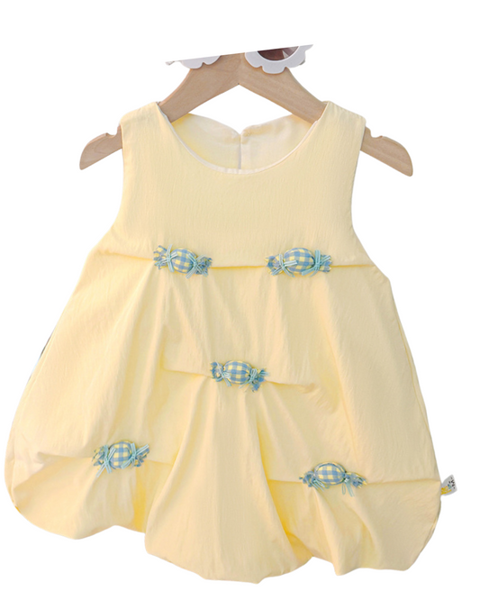 Kominz Junior – Girls Yellow Candy Bow Sleeveless Dress (1–4 Years)