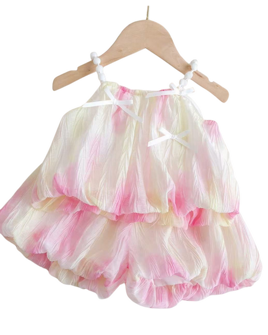 Kominz Junior – Girls Layered Pastel Pink & White Sleeveless Dress (1–6 Years)