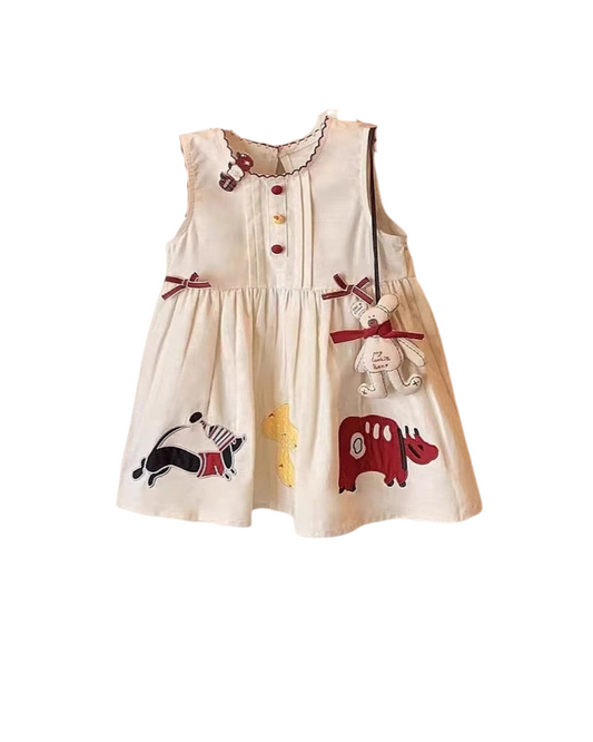 Girls Sleeveless Cotton Dress with Animal Embroidery – Cream (1–4 Years)
