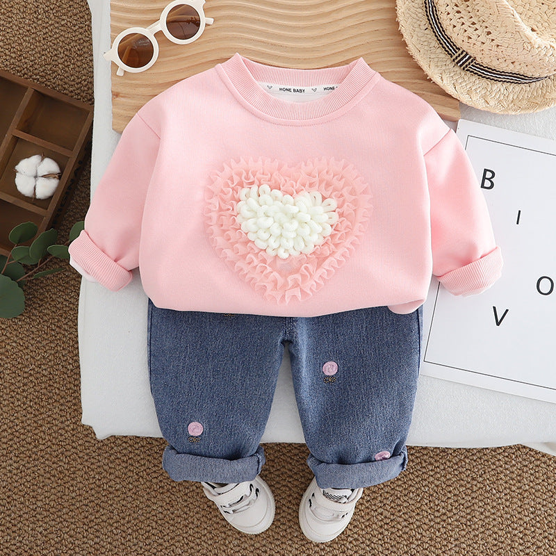 Kominz Junior – Girls Pink Heart Sweatshirt with Denim Jeans Set (1–6 Years)