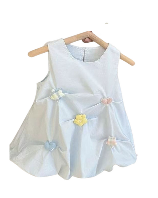 Kominz Junior – Girls Sky Blue Heart & Flower Sleeveless Dress (1–4 Years)