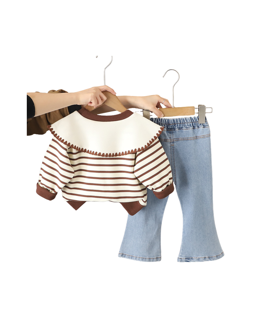 Kominz Junior – Girls Brown Striped Sweater with Bow Denim Pants Set (1–6 Years)
