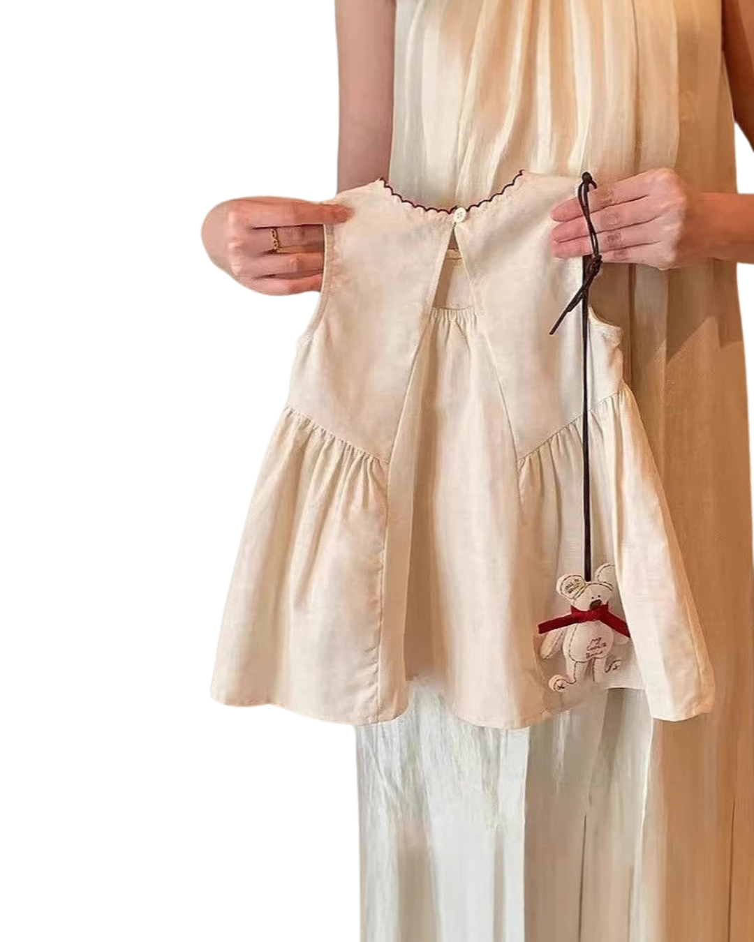 Girls Sleeveless Cotton Dress with Animal Embroidery – Cream (1–4 Years)