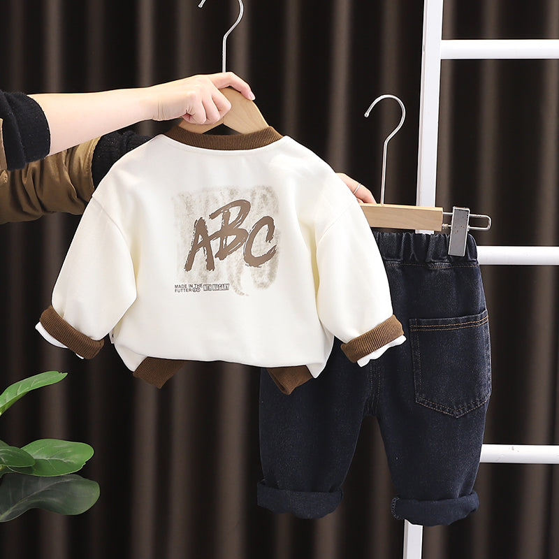 Boys ABC Printed Sweatshirt & Denim Jeans Set – Brown and Blue Cotton Outfit (1–6 Years) | Kominz Junior