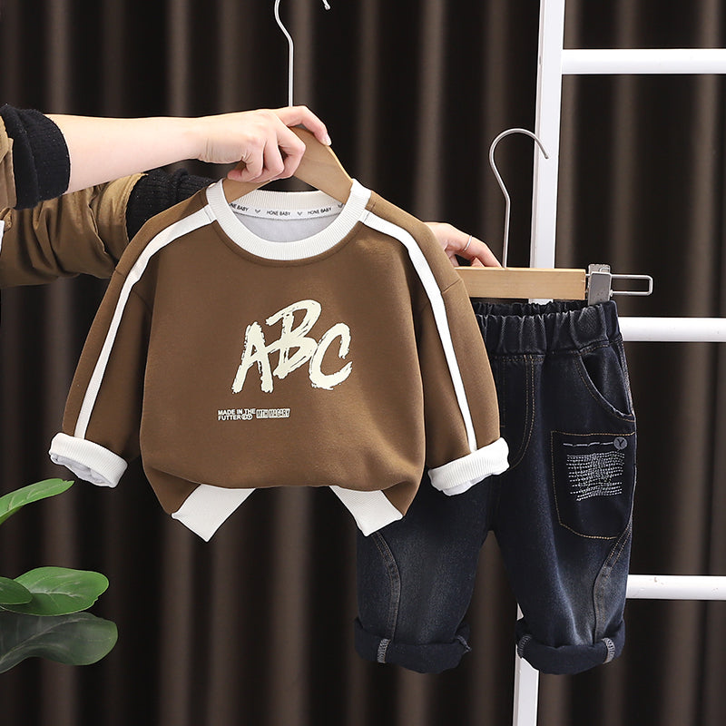Boys ABC Printed Sweatshirt & Denim Jeans Set – Brown and Black Cotton Outfit (1–6 Years) | Kominz Junior