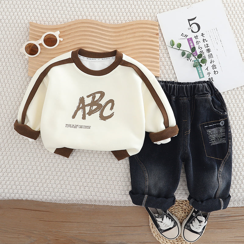 Boys ABC Printed Sweatshirt & Denim Jeans Set – Brown and Blue Cotton Outfit (1–6 Years) | Kominz Junior