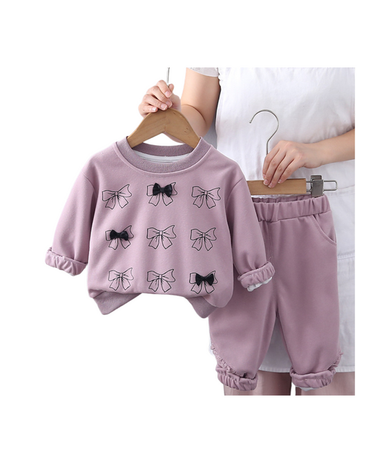 Girls Lavender Bow Sweatshirt & Pant Set – Soft Cotton Outfit (1–6 Years) | Kominz Junior