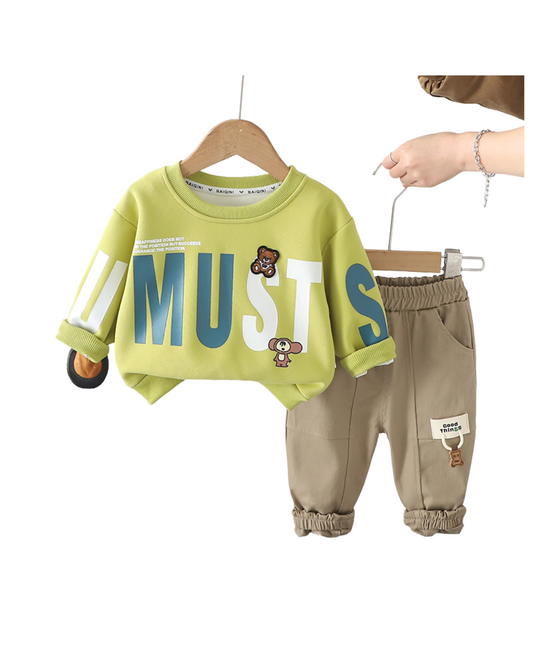 Kominz Junior – Boys Green “You Must” Sweatshirt & Cargo Pants Set (1–6 Years)