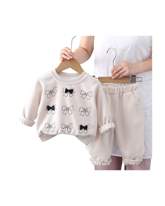 Girls Cream Bow Sweatshirt & Pant Set – Soft Cotton Outfit (1–6 Years) | Kominz Junior