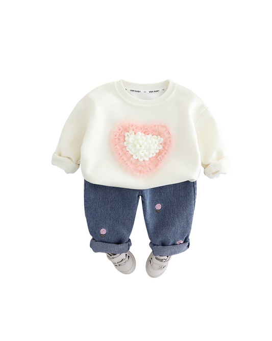 Kominz Junior – Girls Cream Heart Sweatshirt with Denim Jeans Set (1–6 Years)