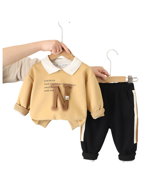 Boys Sweatshirt and Jogger Pants Set – Beige and Black Cotton Outfit (1–6 Years)