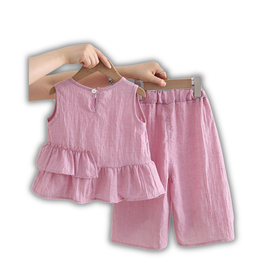 Kominz Junior Girls’ Pink Linen Top and Shorts Set (1 – 5 Years)