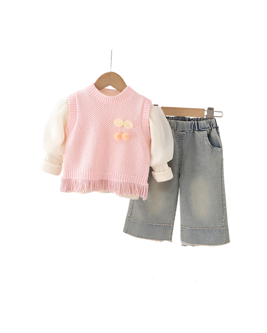 Girls Pink Knitted Vest & Denim Pant Set – Kominz Junior 1-6