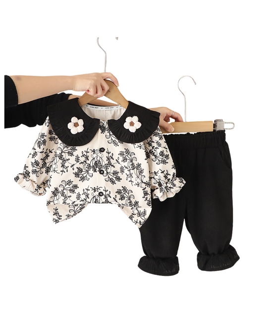 Girls Black Floral Printed Shirt & Corduroy Pant Set – Kominz Junior