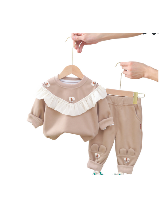 Girls Beige Frill Sweatshirt & Pant Set – Soft Cotton Outfit (1–6 Years) | Kominz Junior