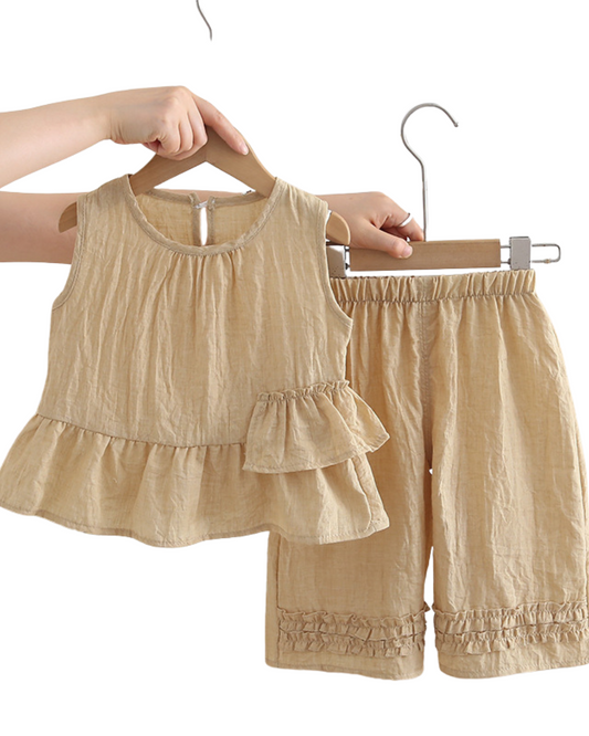 Girls Beige Cotton Sleeveless Top & Shorts Set – Kominz Junior