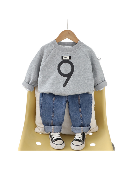 Boys Grey Sweatshirt and Denim Jeans Set – Soft Cotton Casual Outfit (1–6 Years)