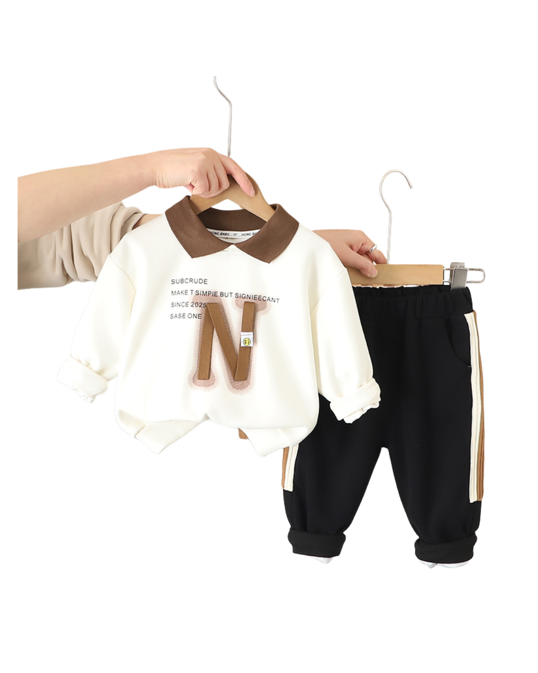 Boys Sweatshirt and Jogger Pants Set – Cream and Brown Cotton Outfit (1–6 Years)